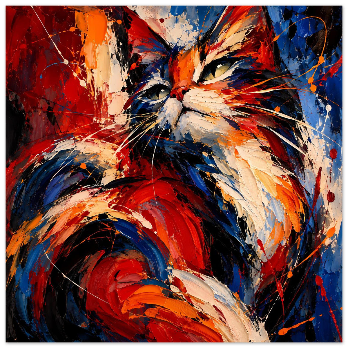 Abstraktes Katzenposter, dynamische rot-blaue Pinselstriche, quadratisch, mit funkelnden Augen