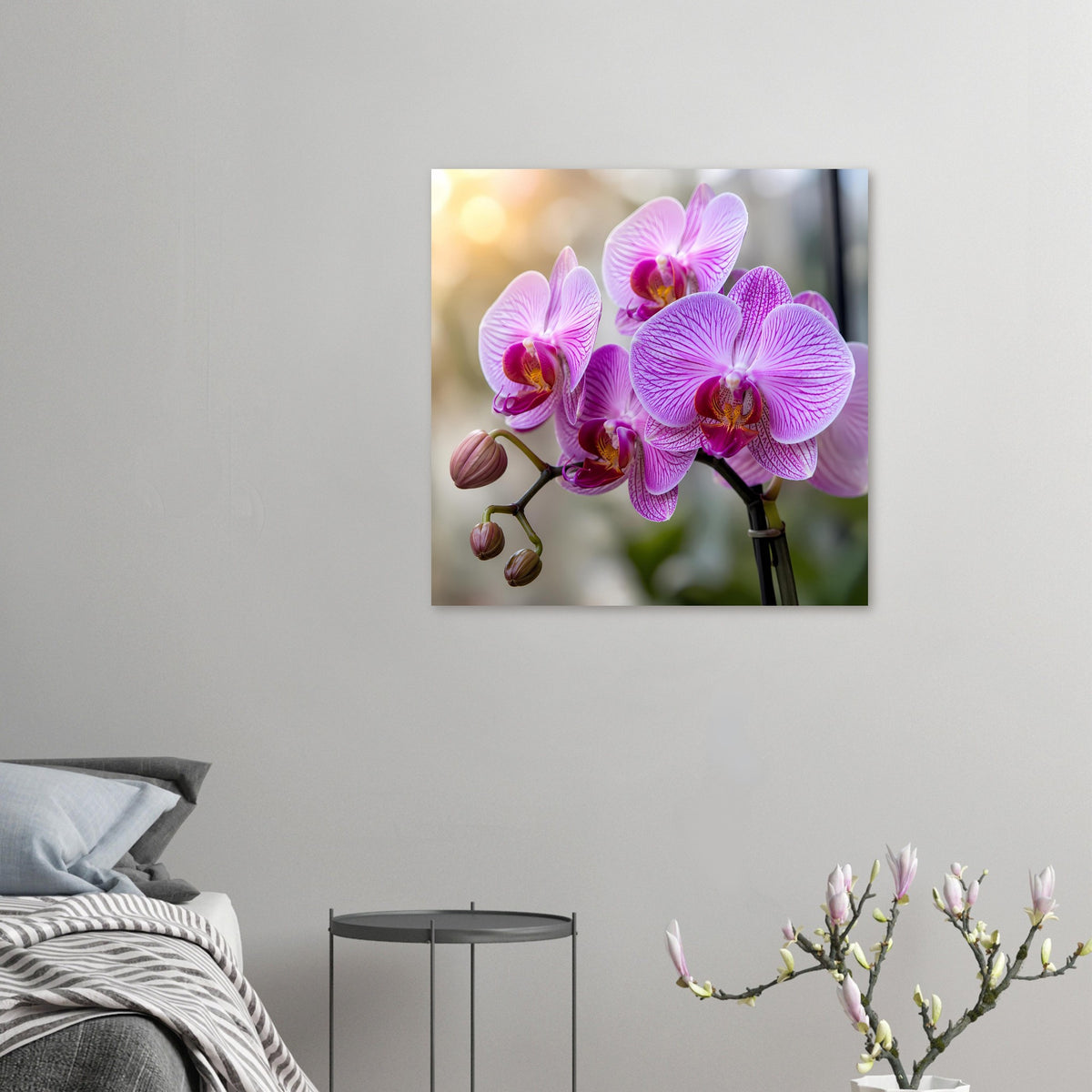 Orchideen-Poster im Querformat mit lila-rosa Blüten und Knospen am Stiel