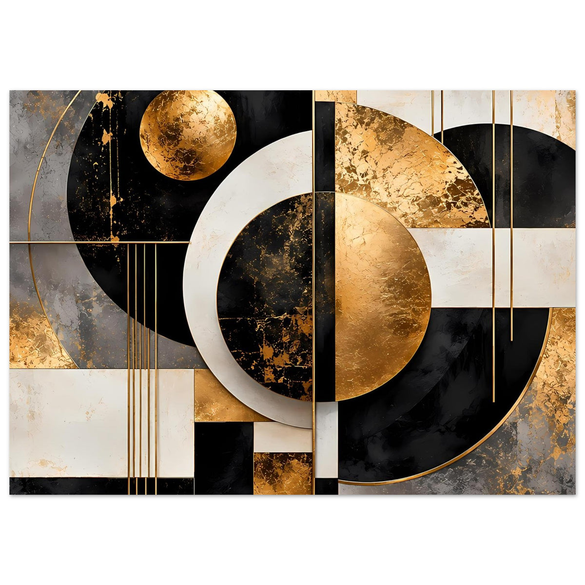 Abstraktes Poster: goldene Kreisformen, Segmente und Linien in Schwarz und Creme
