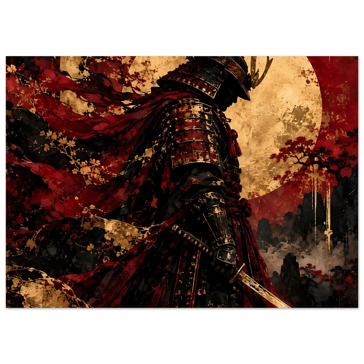 Japan-Poster Ausschnitt: Samurai-Krieger mit gepanzerter Brust, rotem Umhang und Katana