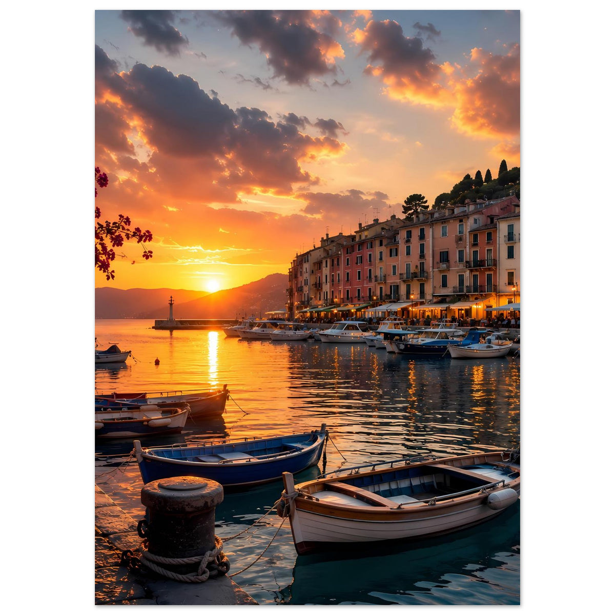 Poster mit Sonnenuntergang am Hafen, Boote am Kai und Häuserzeile rechts