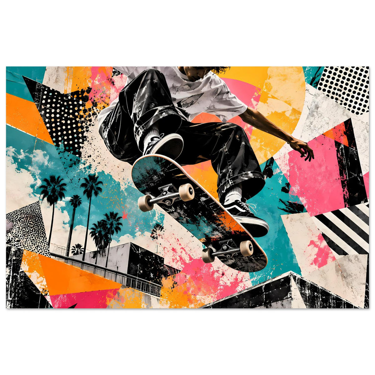 Street-Art-Poster mit Skateboarder in Action, neonfarbene Collage-Optik und Graffiti-Elemente