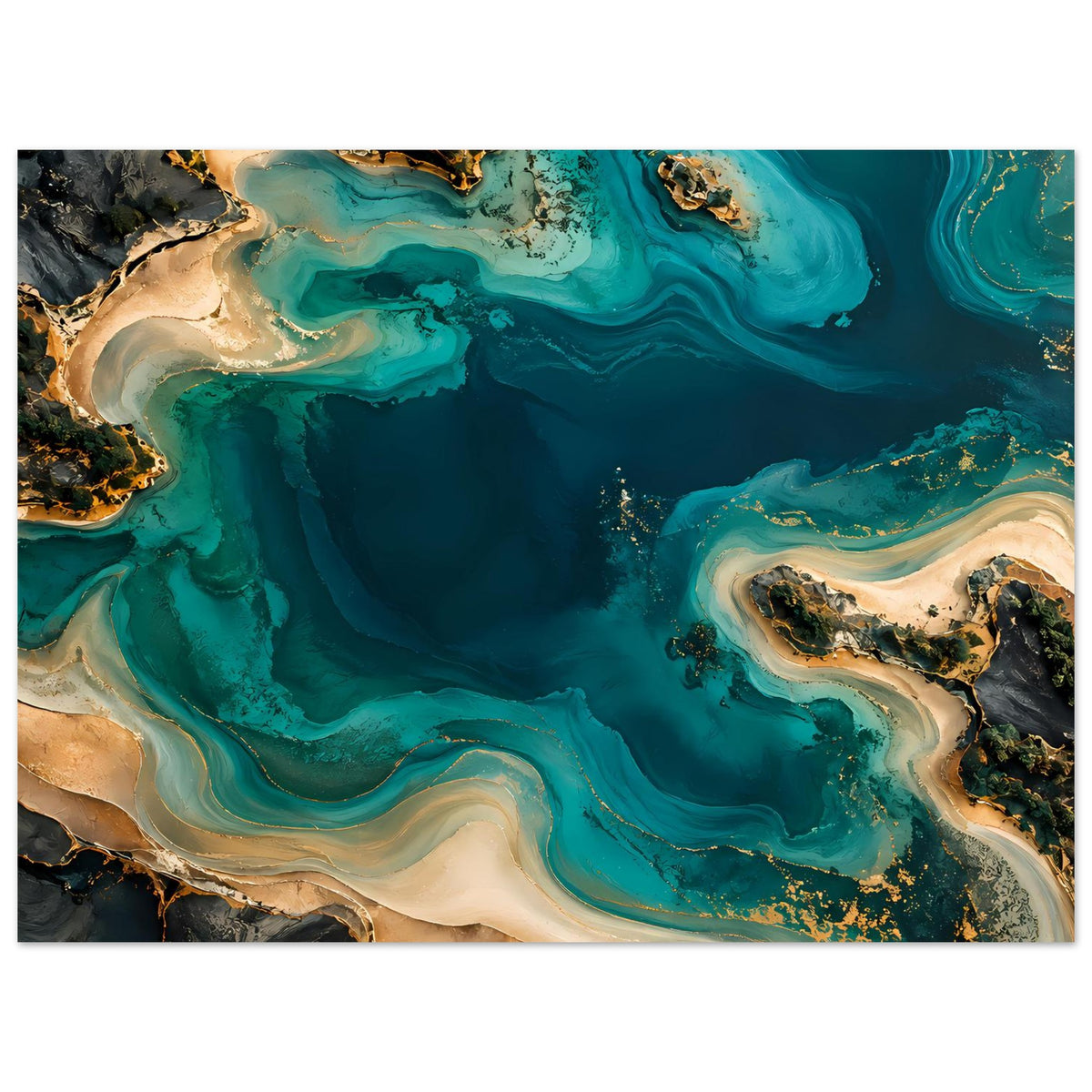 Abstraktes Ozeanposter Querformat: türkisgrüne Wasserströme, beiger Sand und goldene Akzente