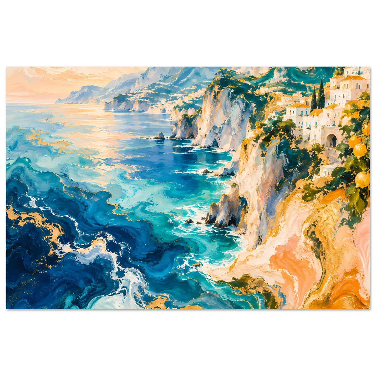 Horizontales Küstenposter mit blauem Ozean, weißen Klippen und gold-orangefarbener Stimmung