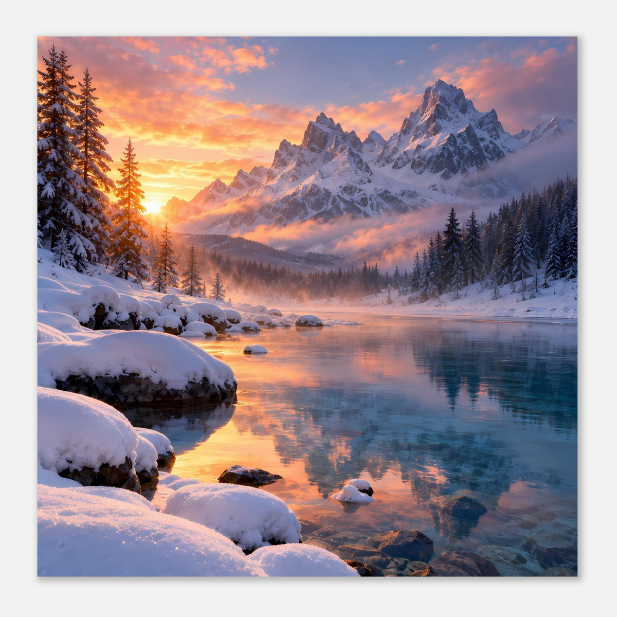Winterlandschaft-Poster mit verschneiten Bergen, warmem Sonnenlicht und spiegelndem Fluss, Querformat