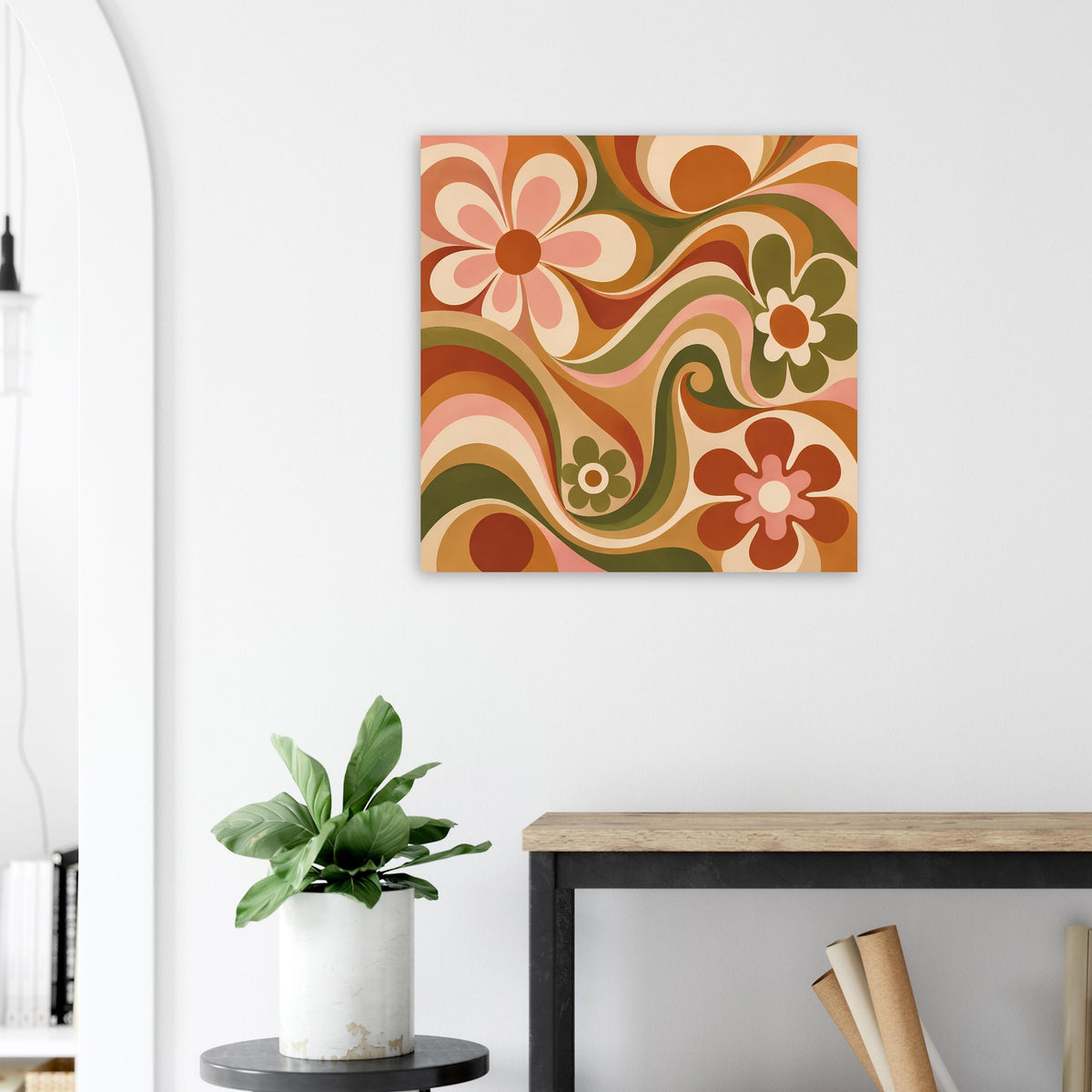 Quadratisches Florales Poster mit Blumenwirbeln und geschwungenen Formen in Olivgrün und Orange