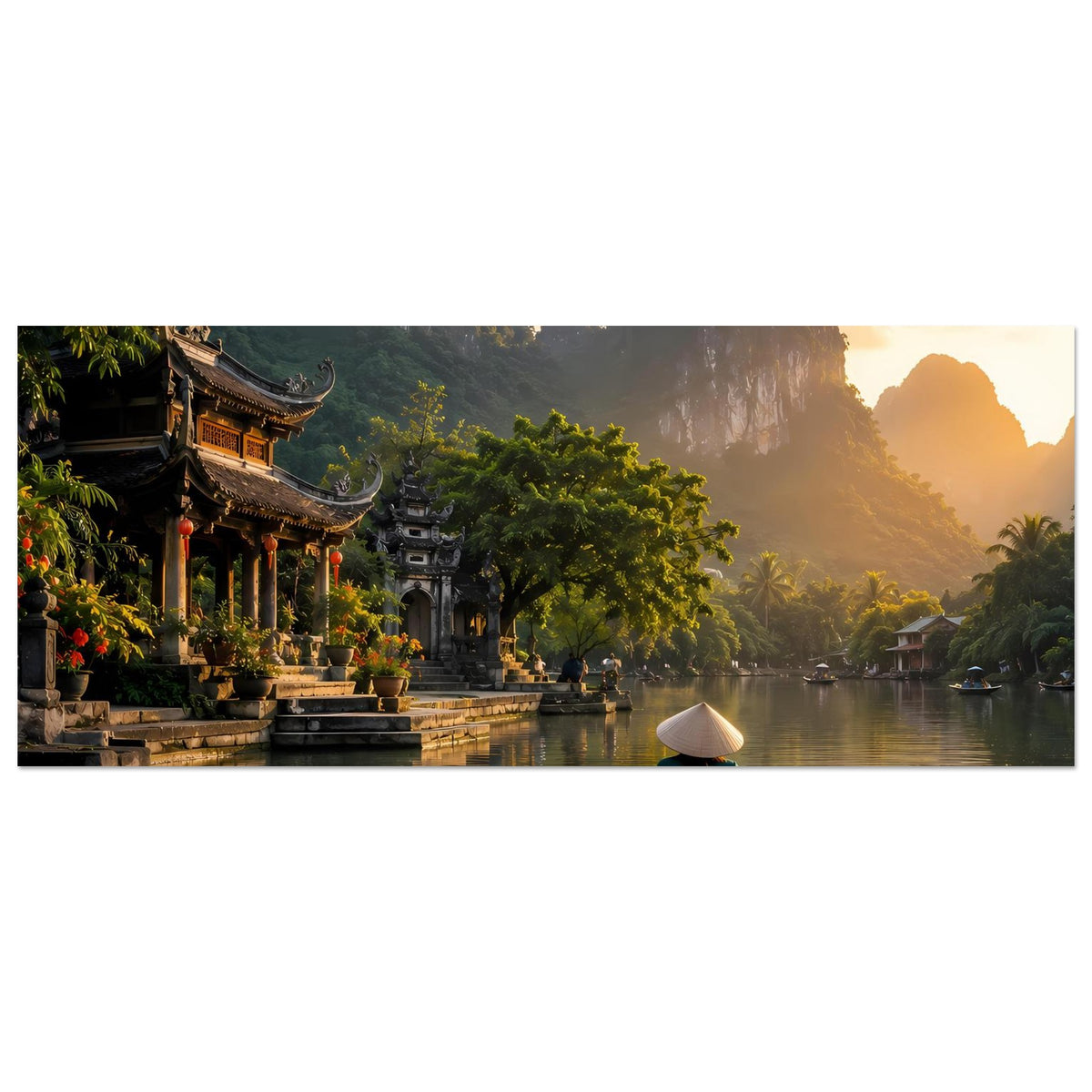 Horizontales Wandposter mit Fluss, Boot im Vordergrund, Tempelreihe am Ufer und Sonnenuntergang