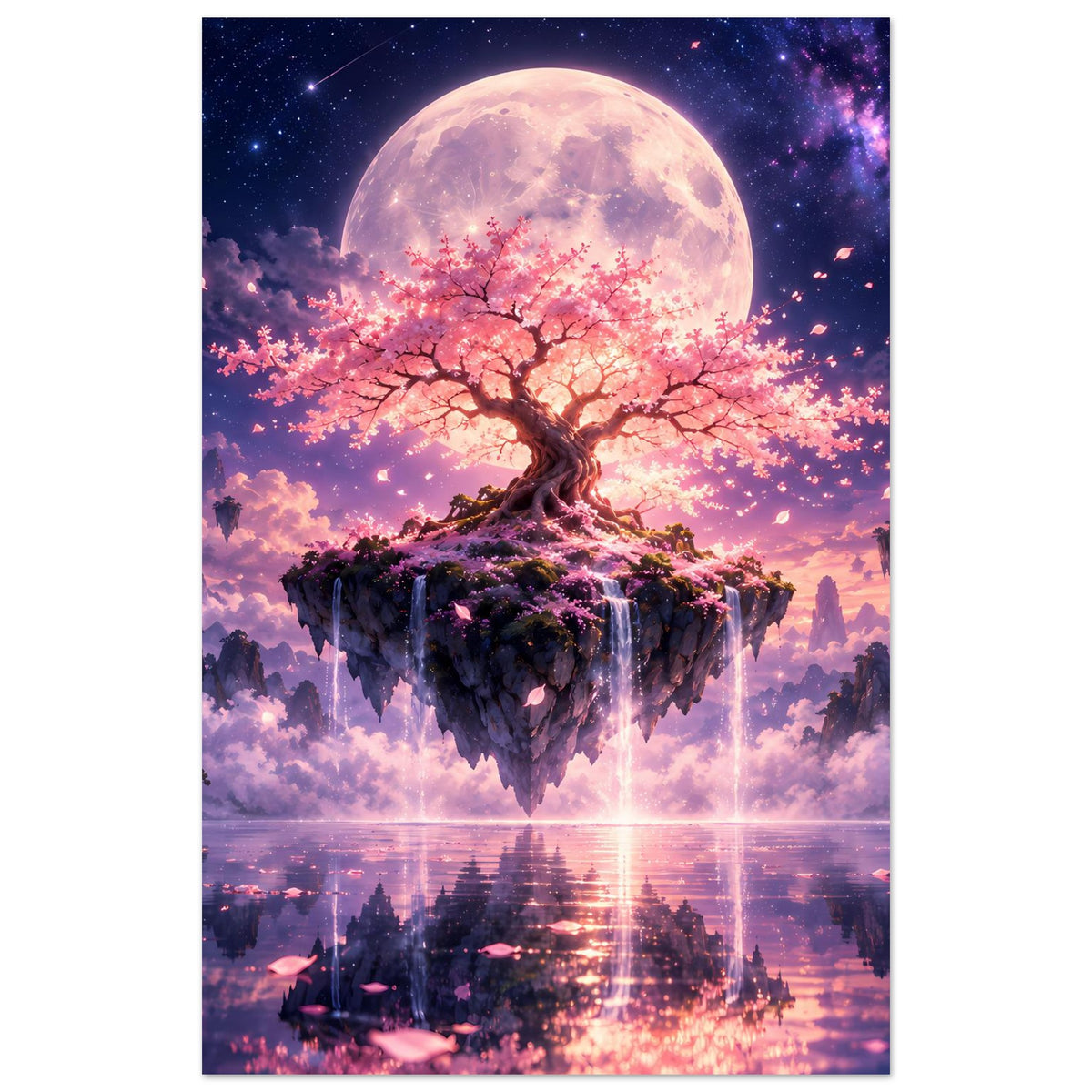 Poster (hochkant) mit Kirschblütenbaum auf schwebender Insel und Vollmond