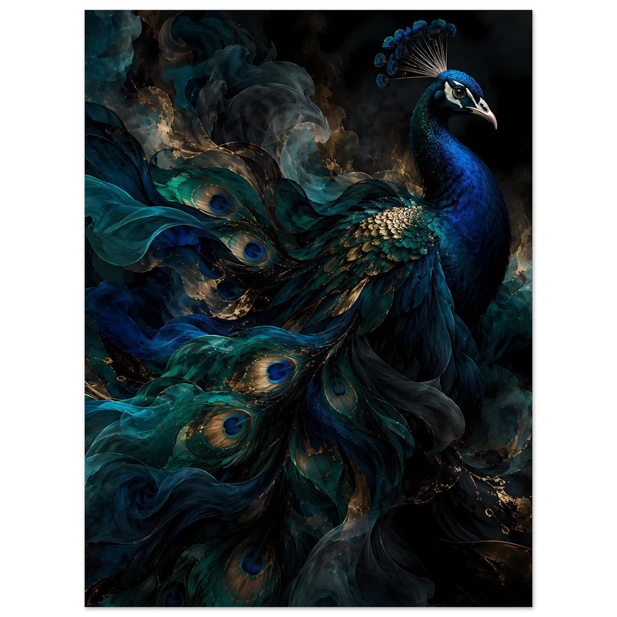 Pfauen-Kunstposter, vertikale Komposition: blauer Pfau, schillernde Federaugen und dunkler Hintergrund