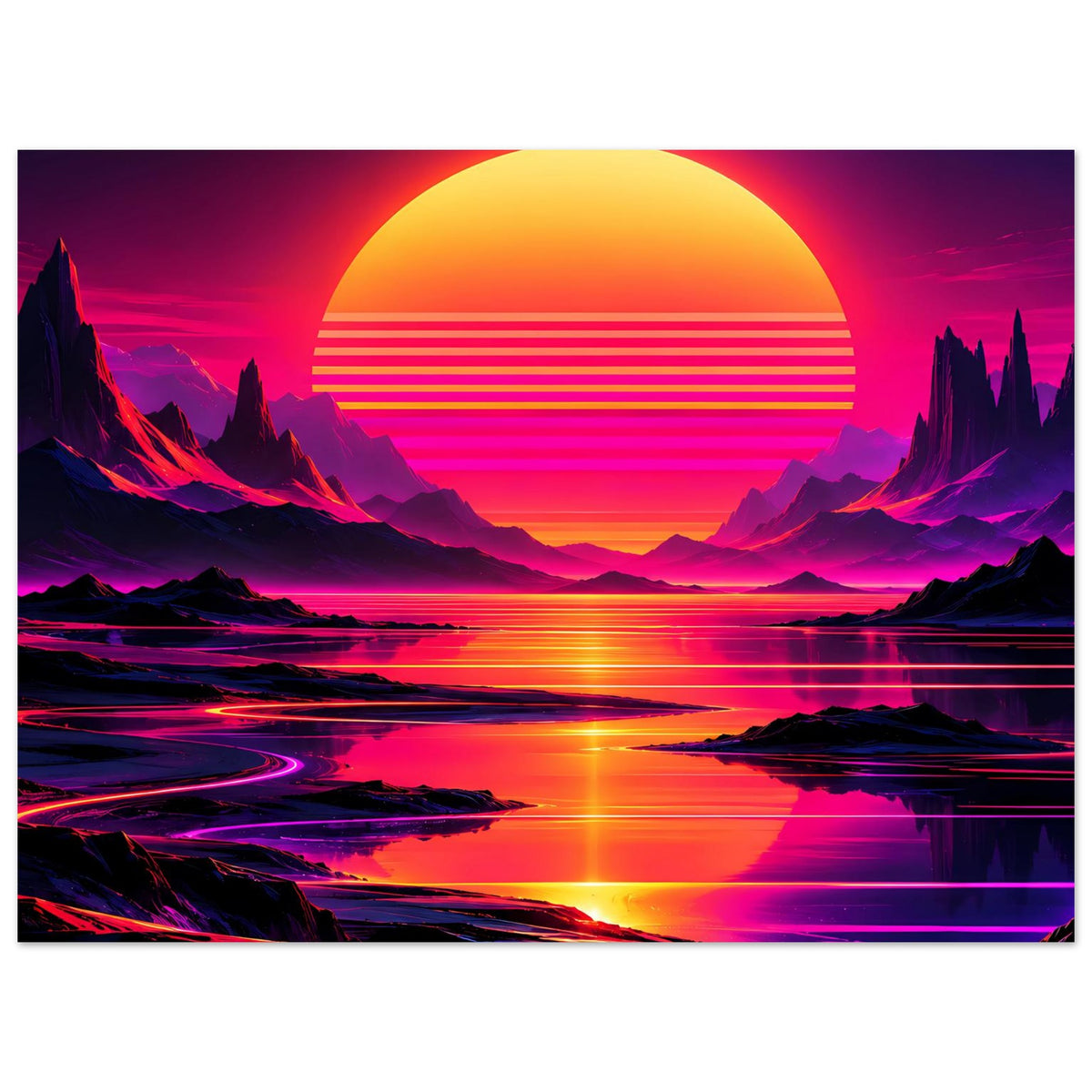 Neon-Kunstdruck mit Sonnenuntergang, Bergen und Wasser, querformatig mit schwarzem Rand
