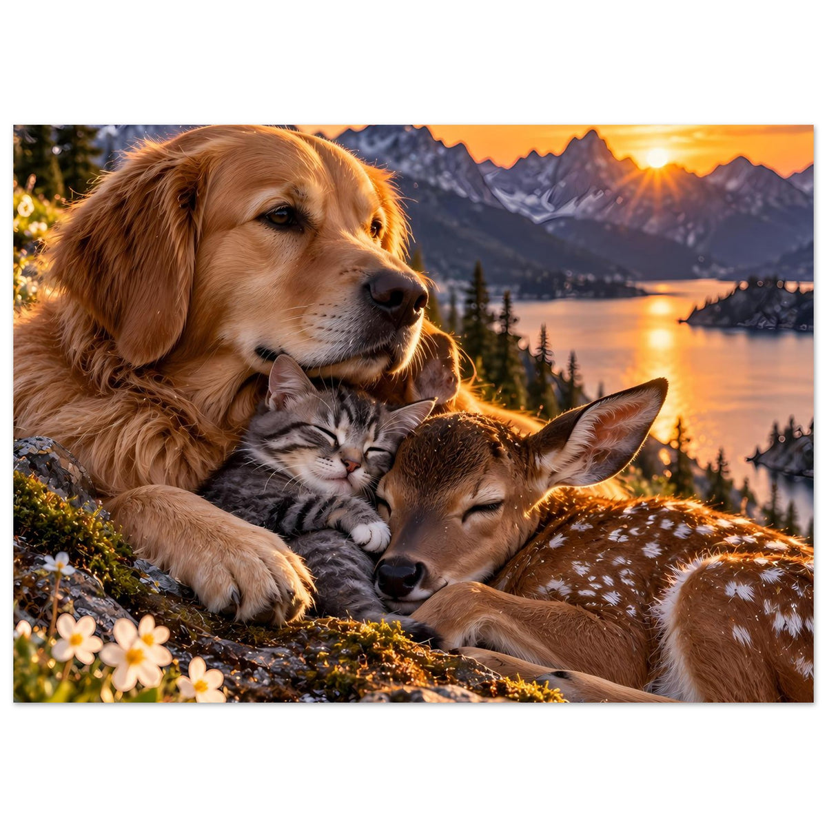 Poster: goldbrauner Hund liegt mit Katze und Reh auf Felsen, Sonnenuntergang im Hintergrund