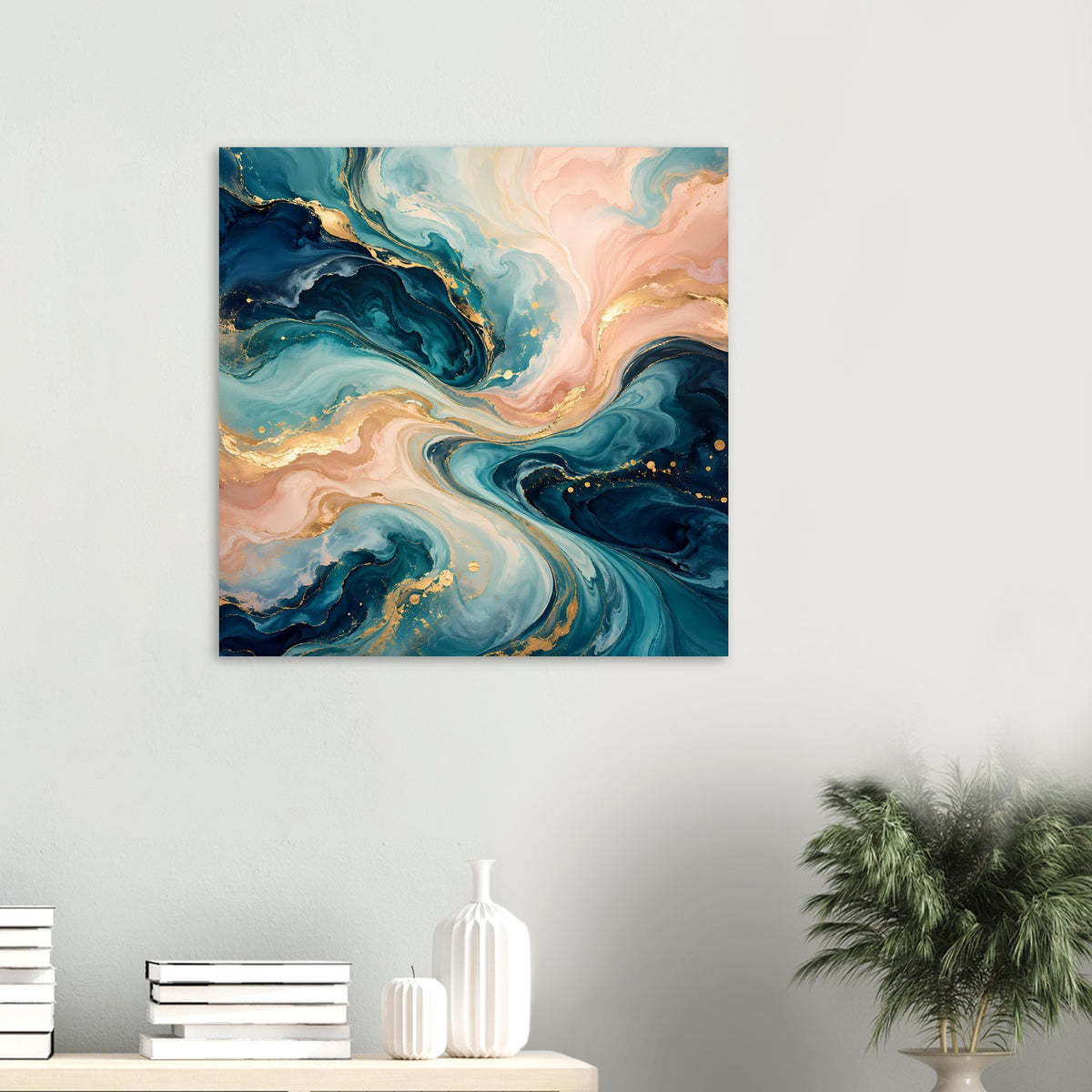 Kleines abstraktes Kunstposter mit türkis-blauen Strömungen, Pfirsichfarben und Goldlinien