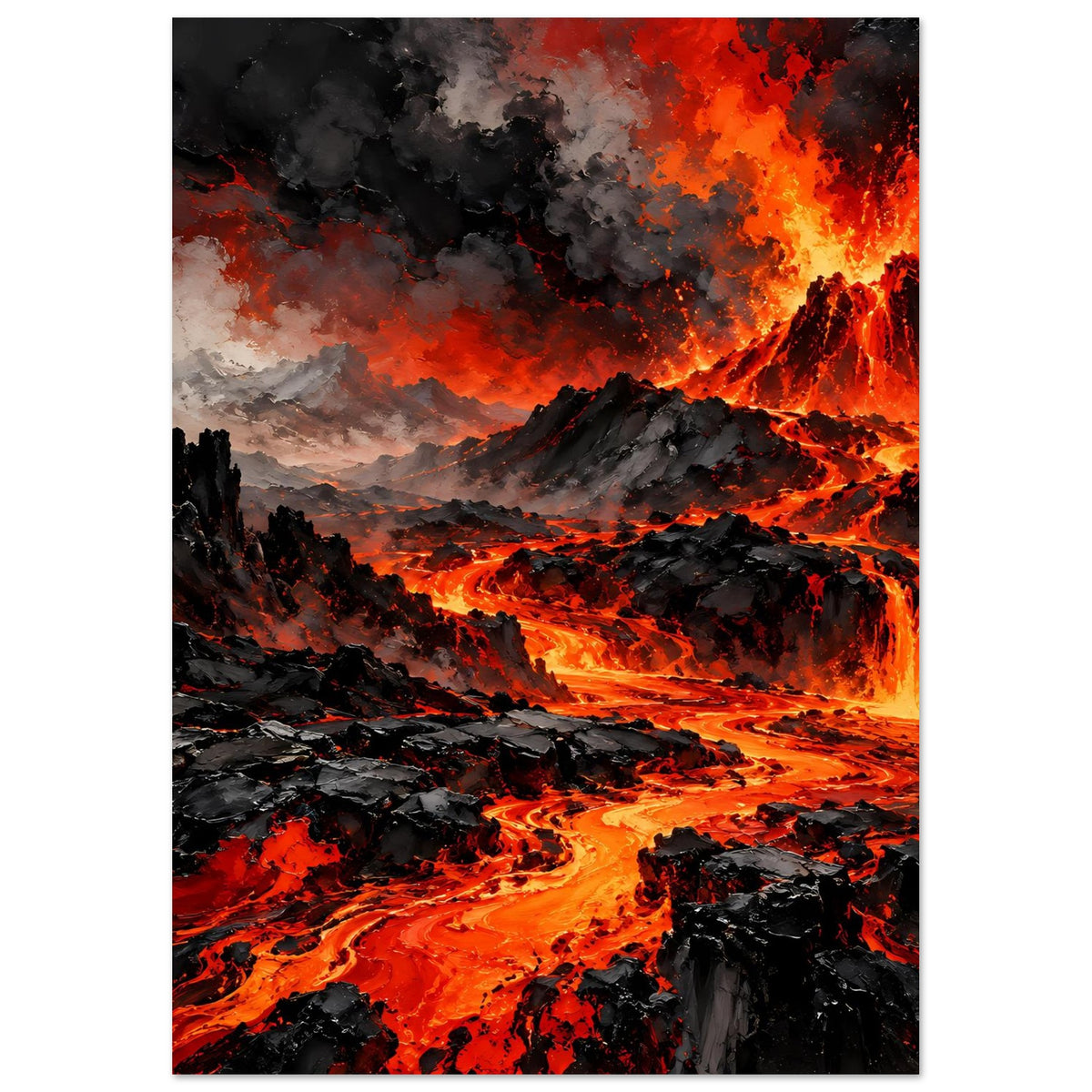 Poster mit Vulkanausbruch: Flammen im Hintergrund, Lavawege und schwarze Vulkanfelsen