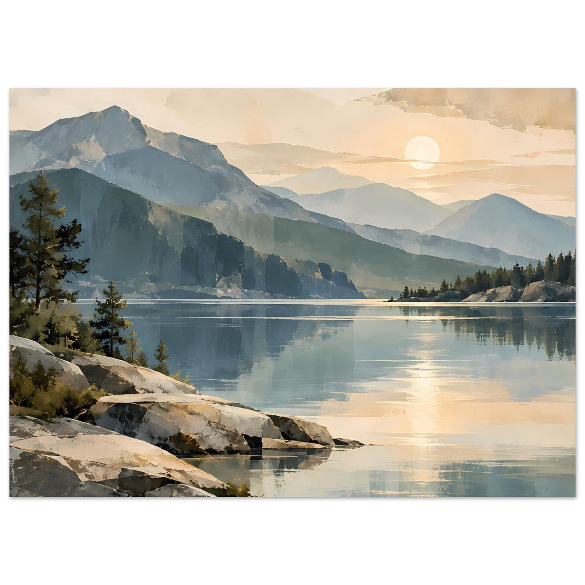 Horizontales Poster von See und Bergen mit warmen Sunrise-Tönen und klarer Spiegelung