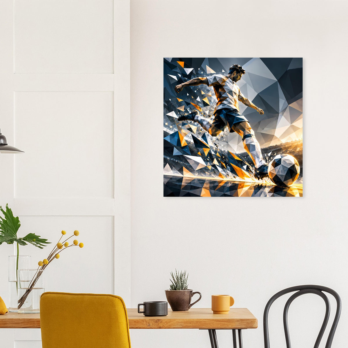 Fußball-Actionposter mit Fußballspieler, abstrahierte Splitter in Blau und Orange