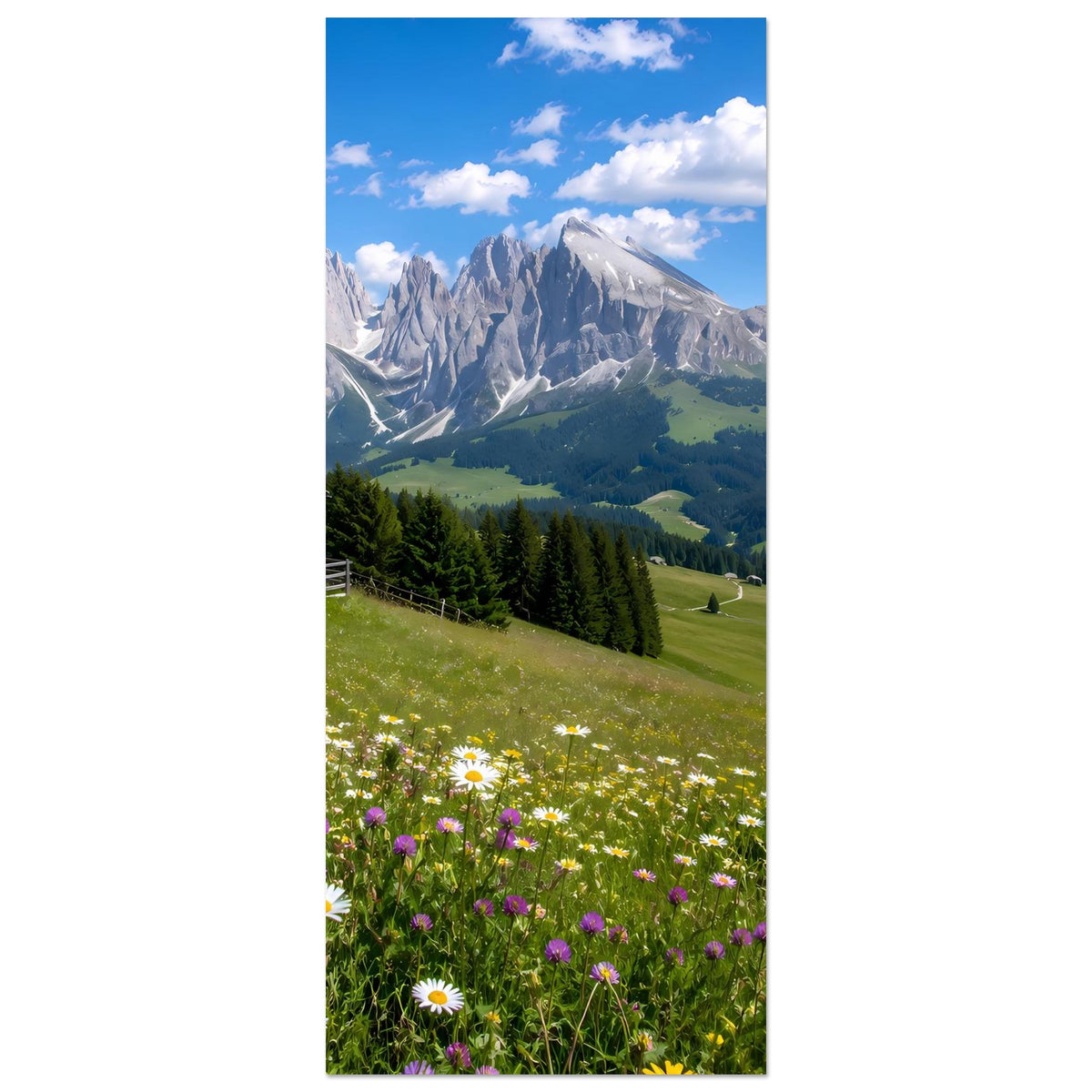 Alpenpanorama-Poster im Hochformat: Berge, Tal, blühende Wiese und Holzhütte