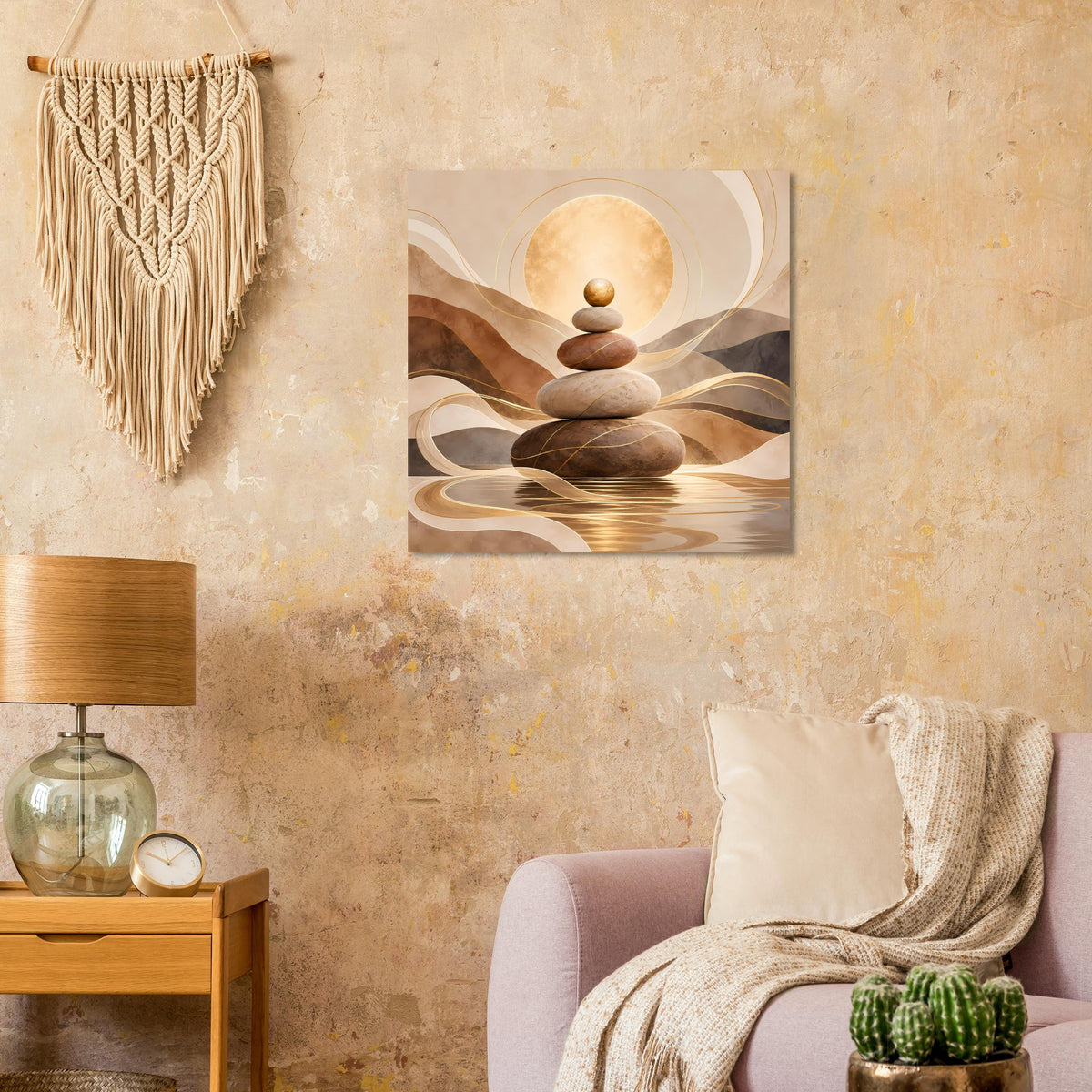 Wandposter nahe Ansicht: balancierende Steine, rundes Licht und goldene Sandwellen