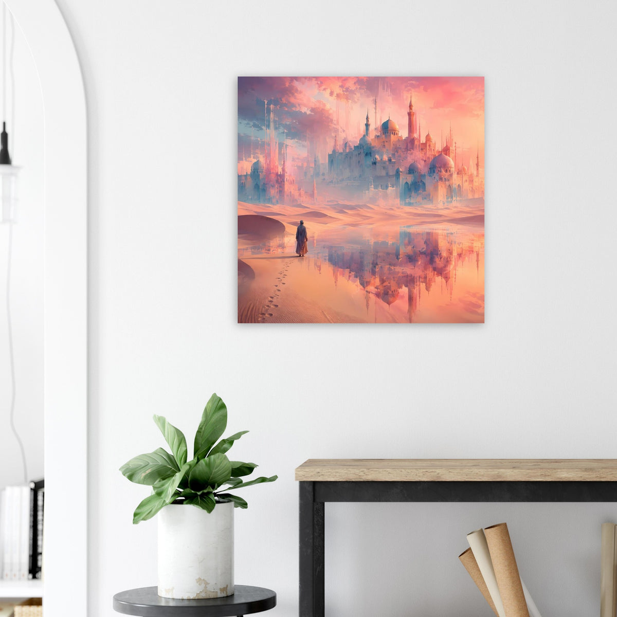 Poster mit orientalischer Stadtansicht, Wüstenpfad und Reflexion im spiegelnden Wasser
