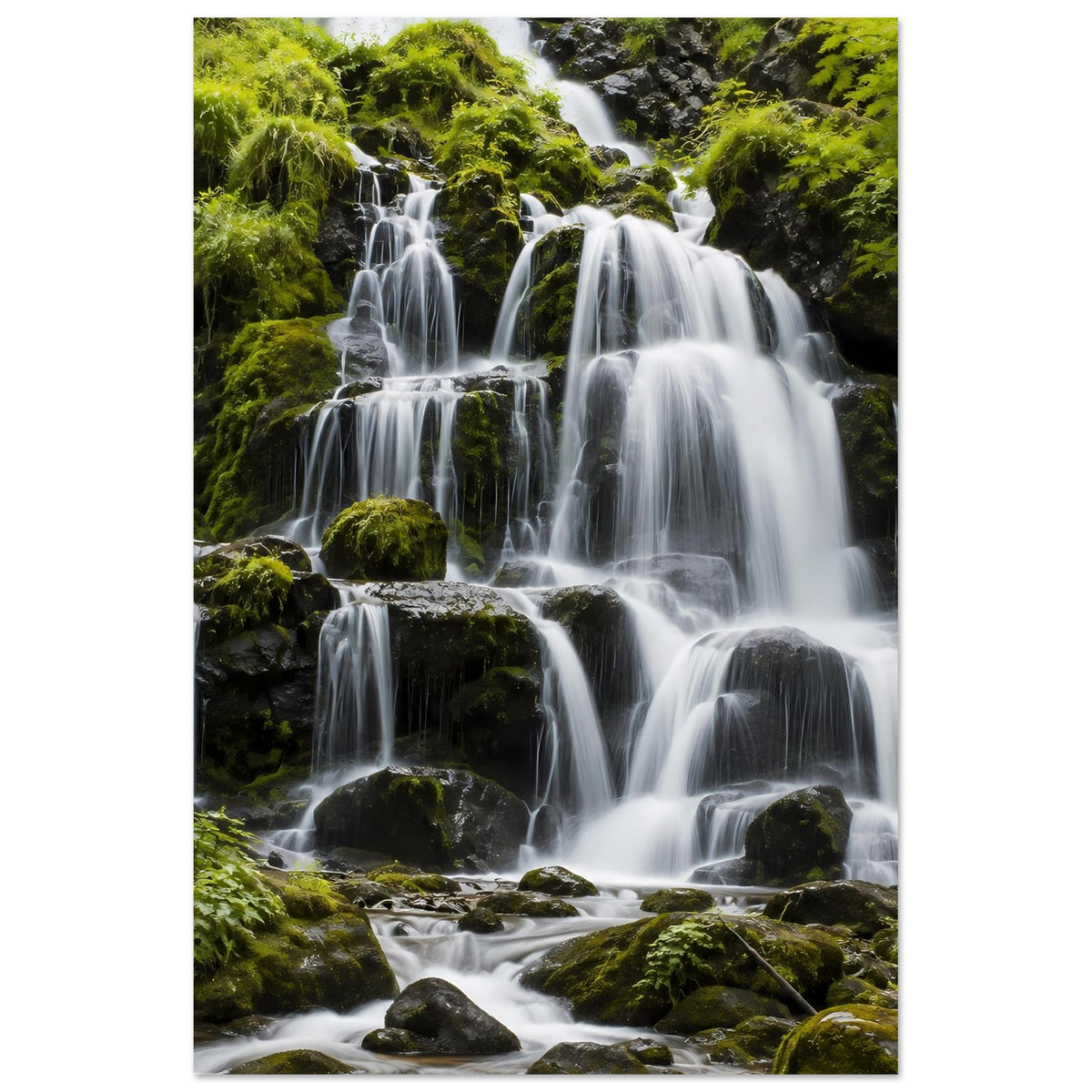 Wasserfall-Poster (hochkant) mit Wasserströmen über dunkle Felsen und moosigen Stufen