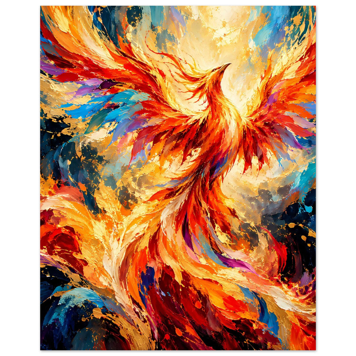 Hochformat-Poster mit leuchtendem Phönix-Porträt, orange-goldene Flammenfedern und blaue Spritzer