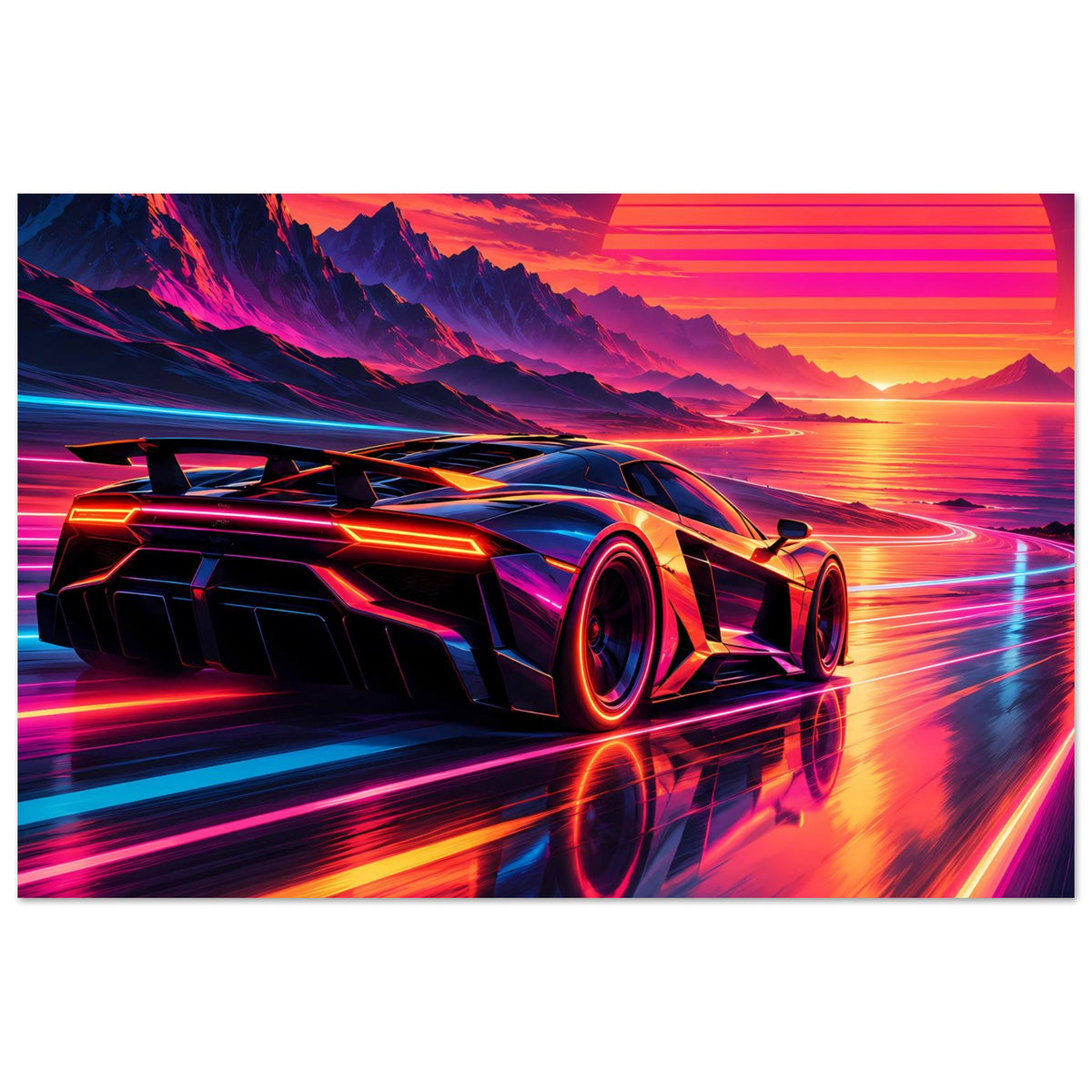 Poster mit futuristischem Neon-Sportwagen, Front und Seitenlinien, Räder im Fokus