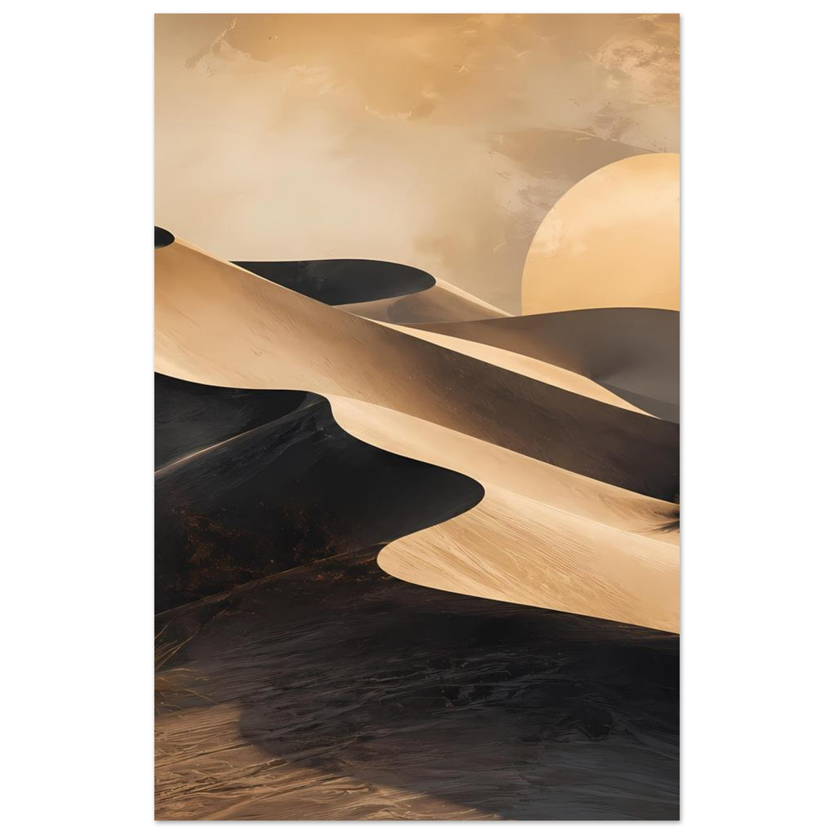 Wüstenposter im Hochformat mit goldenen Dünen und hellem Mond über dunklem Sand