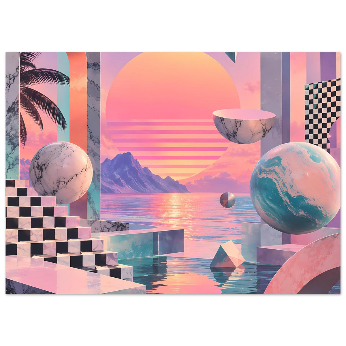 Poster im Querformat: surrealer Strandblick mit geometrischen Stufen, Kugeln und Ringen