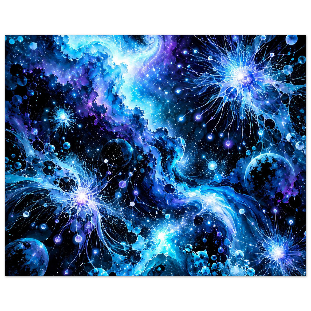 Leuchtendes galaktisches Poster im Querformat: blau leuchtende Nebel, Planeten und Sternenstrukturen