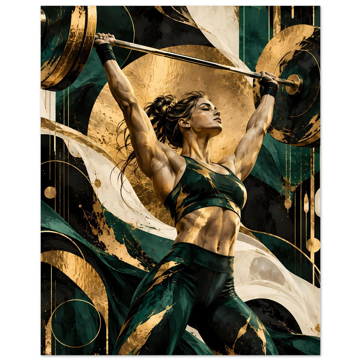 Kunstposter: Athletin im grünen Outfit stemmt eine Langhantel, goldene Gewichte im Hintergrund