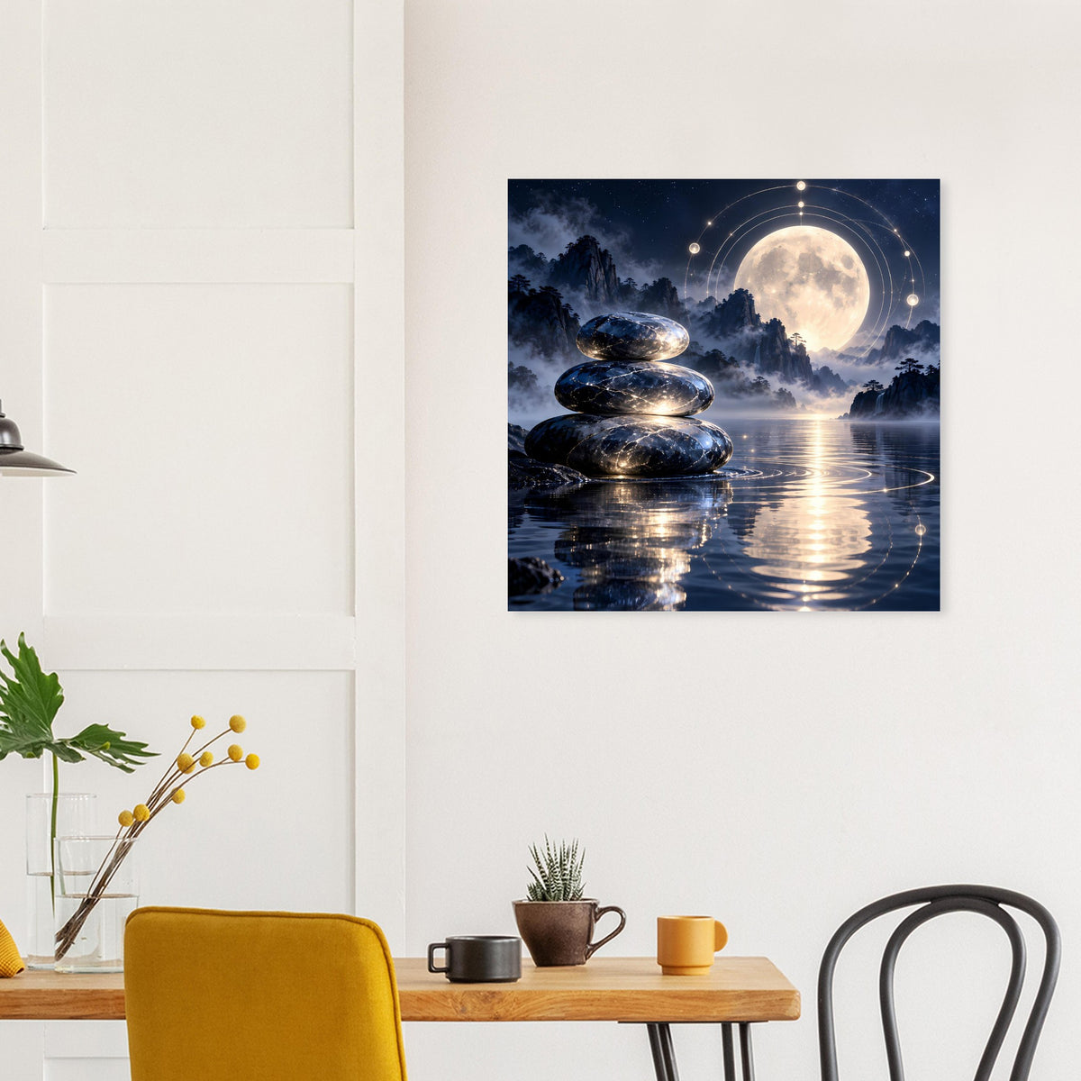 Zen-Poster mit Vollmond, gestapelten Steinen und glitzernder Wasserreflexion