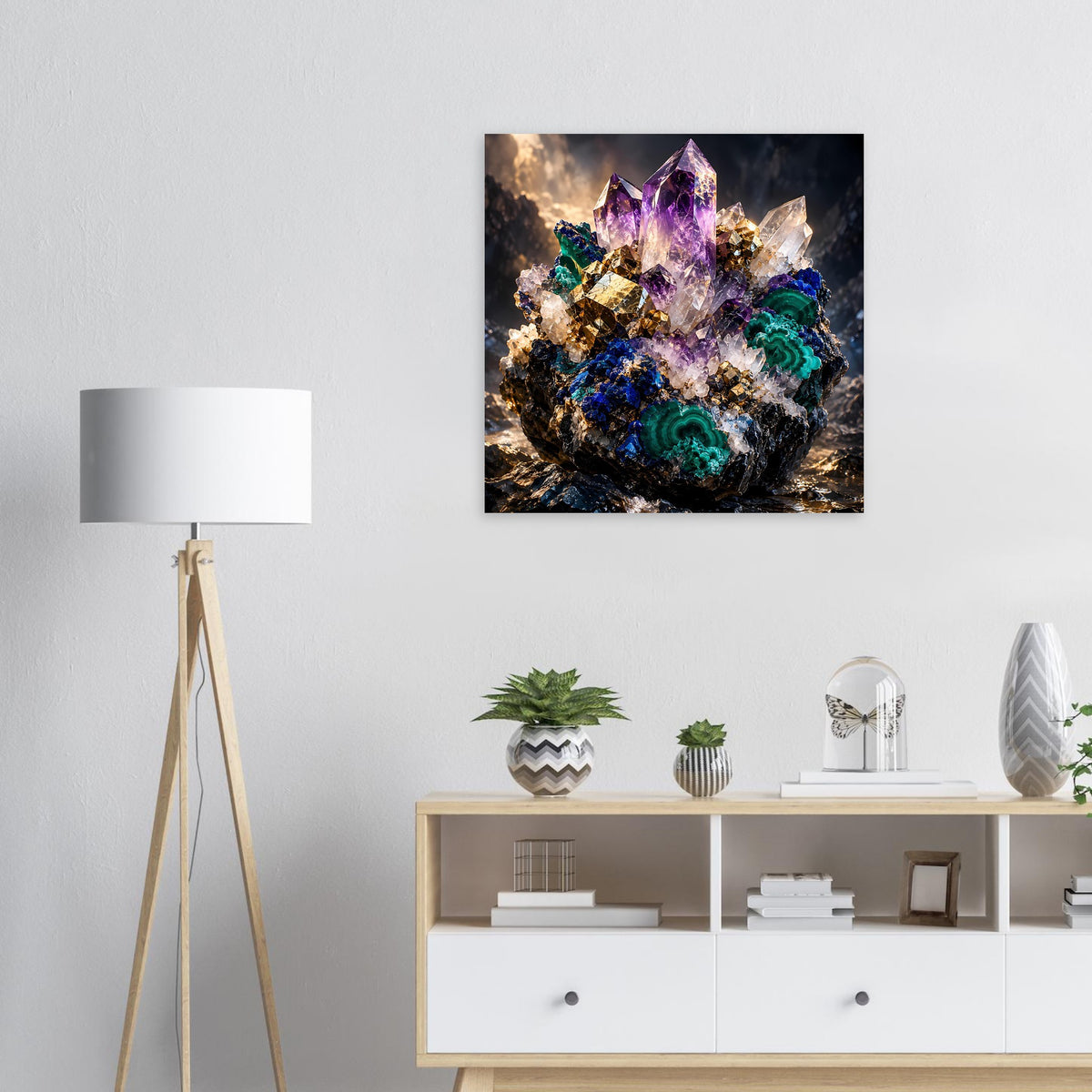 Kristallposter mit violetten Amethyst- und grünen Malachit-Effekten, funkelnde Kristalle