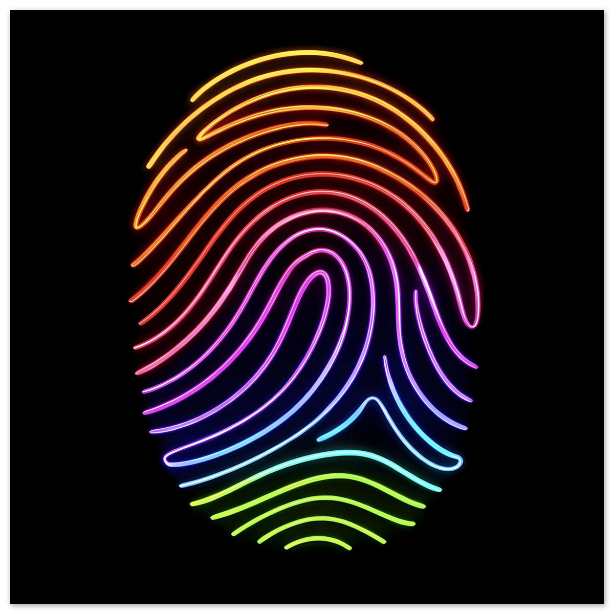 Neon-Fingerabdruckposter mit farbigen Konturlinien im Fingerabdruckmuster auf dunklem Hintergrund