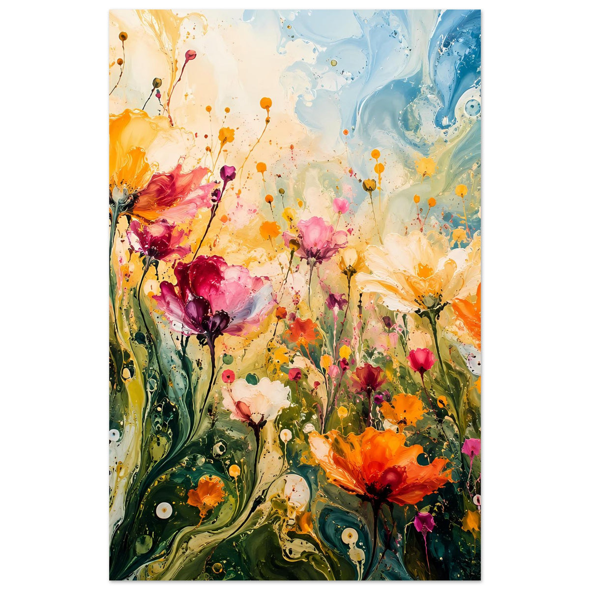 Hochformatiges Blumenposter mit abstrakten Blüten in Orange, Pink und Blau vor hellem Hintergrund
