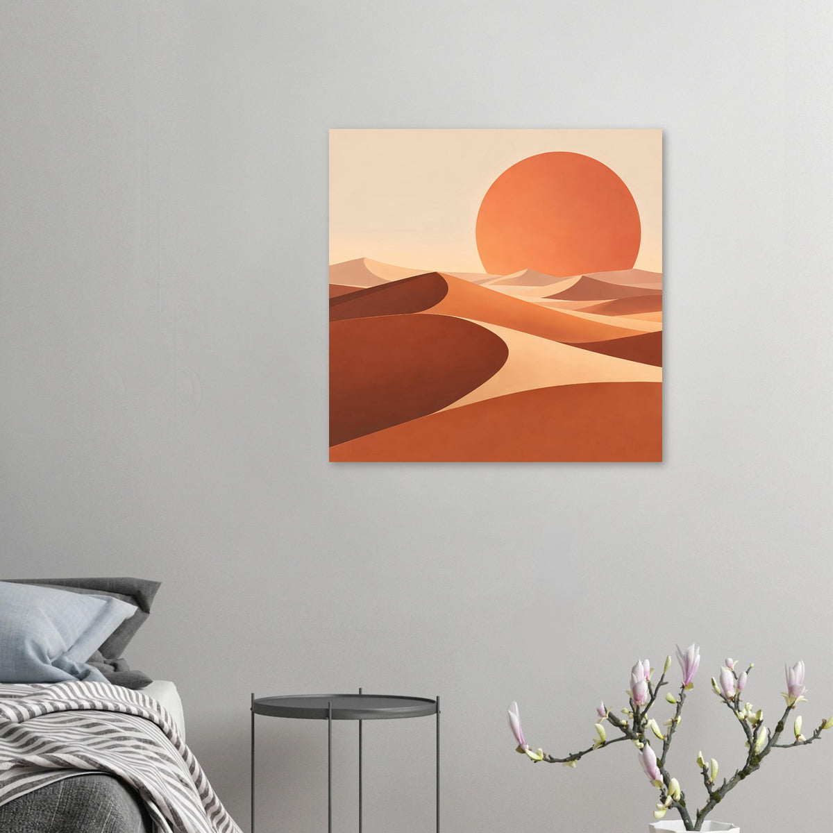 Wandposter (klein, quadratisch) mit abstrakter Wüste: orange Kreis, Dünen in Ocker und Braun