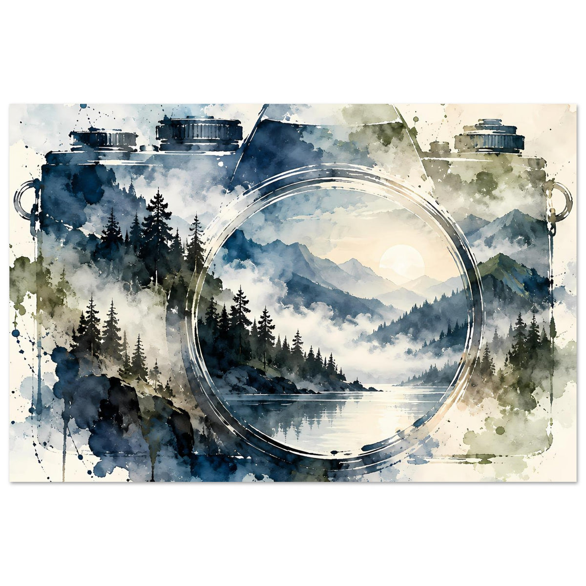 Querformatiges Aquarell-Poster: Vintage-Kamera über Waldbergen und Wasser im Hintergrund
