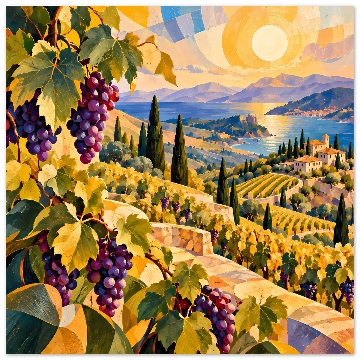 Landschaftsposter: Weintrauben, gelbe Rebreihen und Sonnenuntergang über mediterraner Landschaft