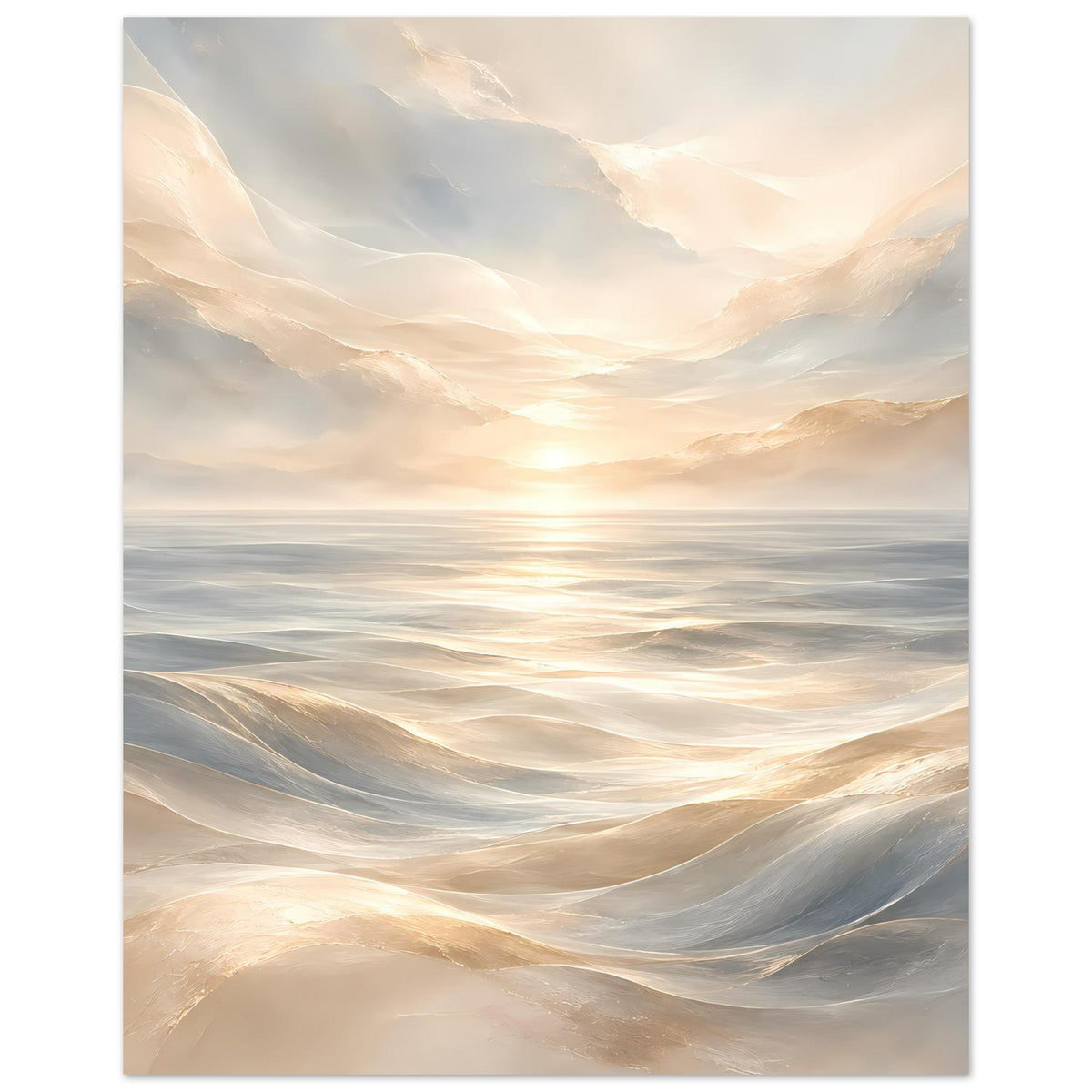 Poster mit ruhigem Meer, warme Lichtreflexe und sanfte Wellen in Blau und Beige