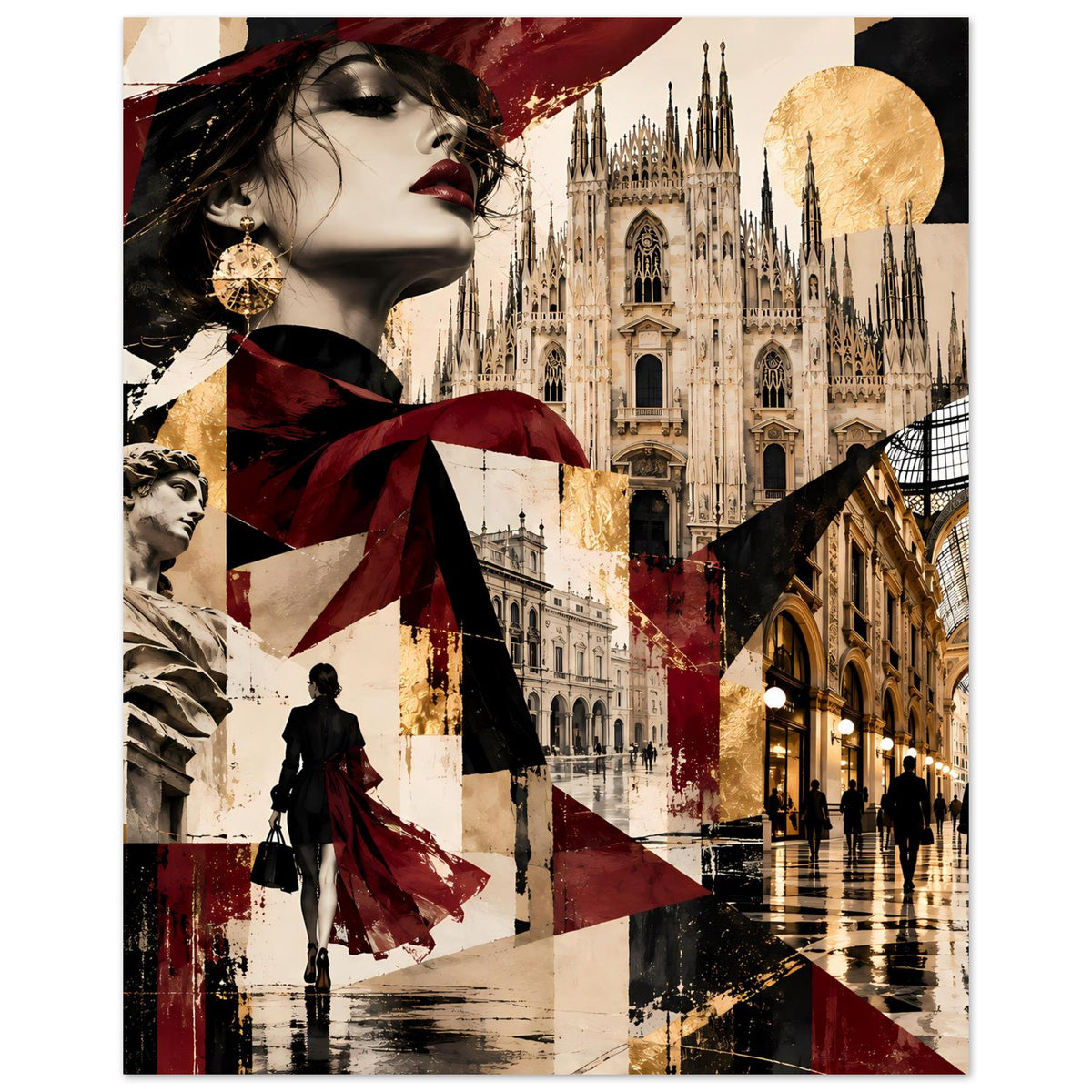 Vertikales Poster mit Collage-Design: Gesicht im Profil, Kathedrale, goldene Rundform, Burgund