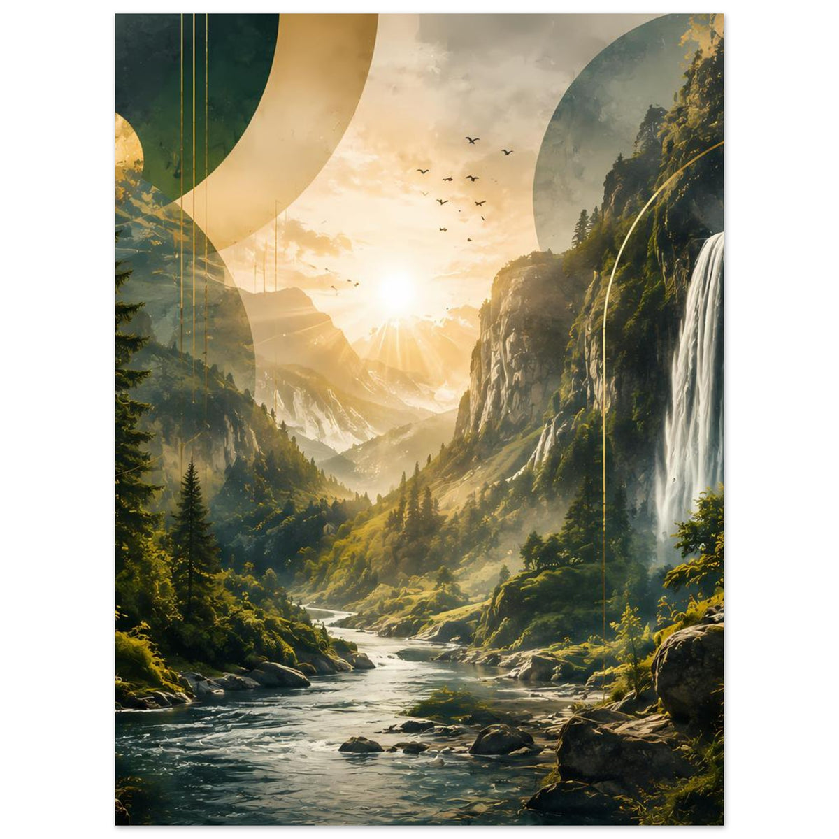 Landschafts-Poster mit Wasserfall, Fluss, Bergen, warmem Sonnenaufgang und Vögeln