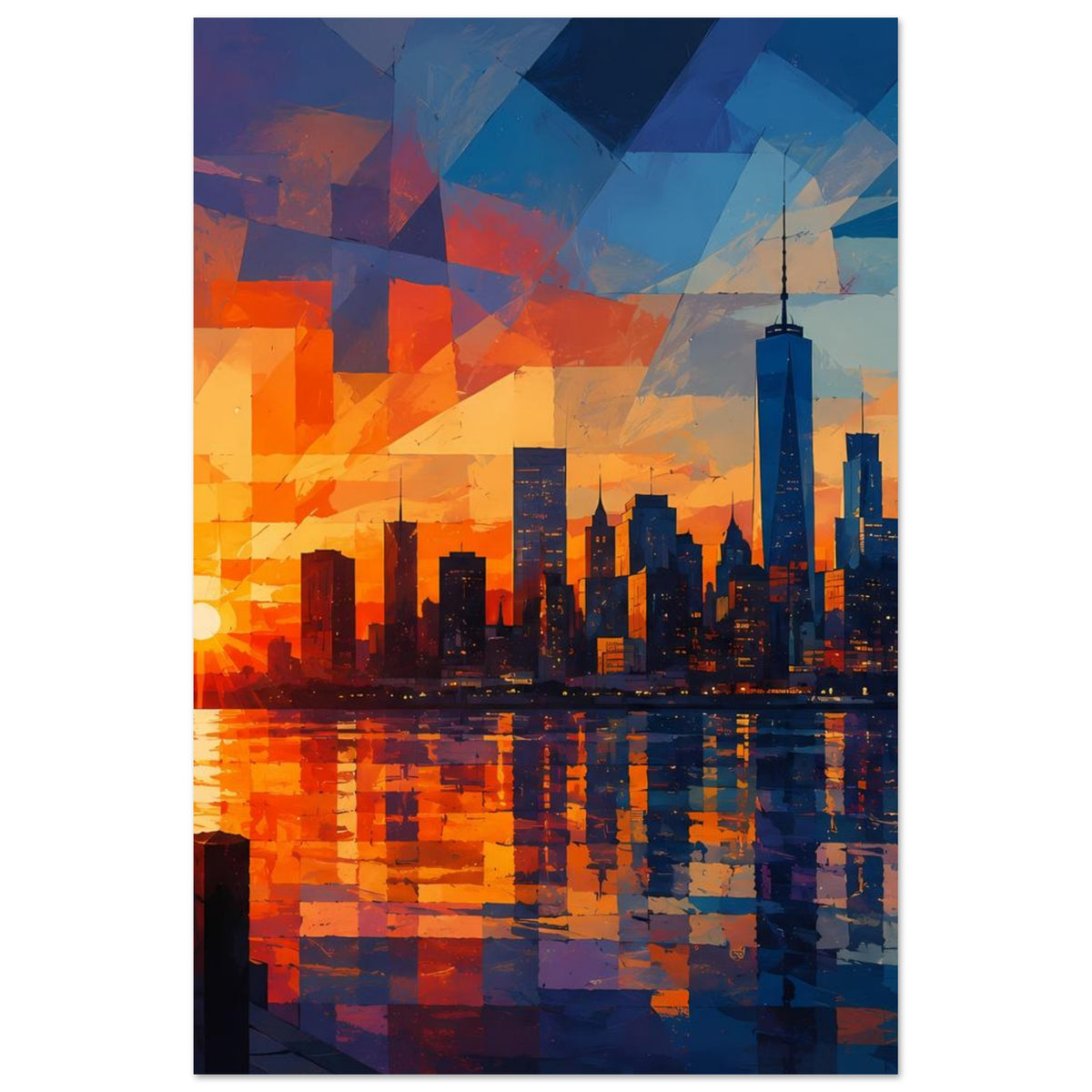 Abstraktes Stadtposter mit geometrischer Skyline, roter Sonne links und Reflexion im Wasser