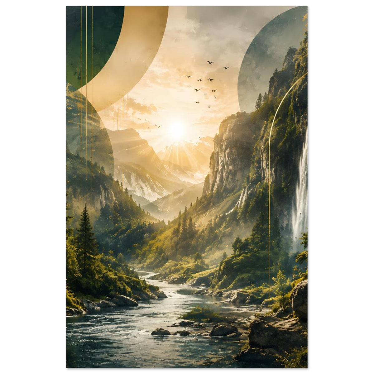 Landschafts-Poster mit Wasserfall, Fluss, bewaldeten Bergen und goldener Morgenstimmung