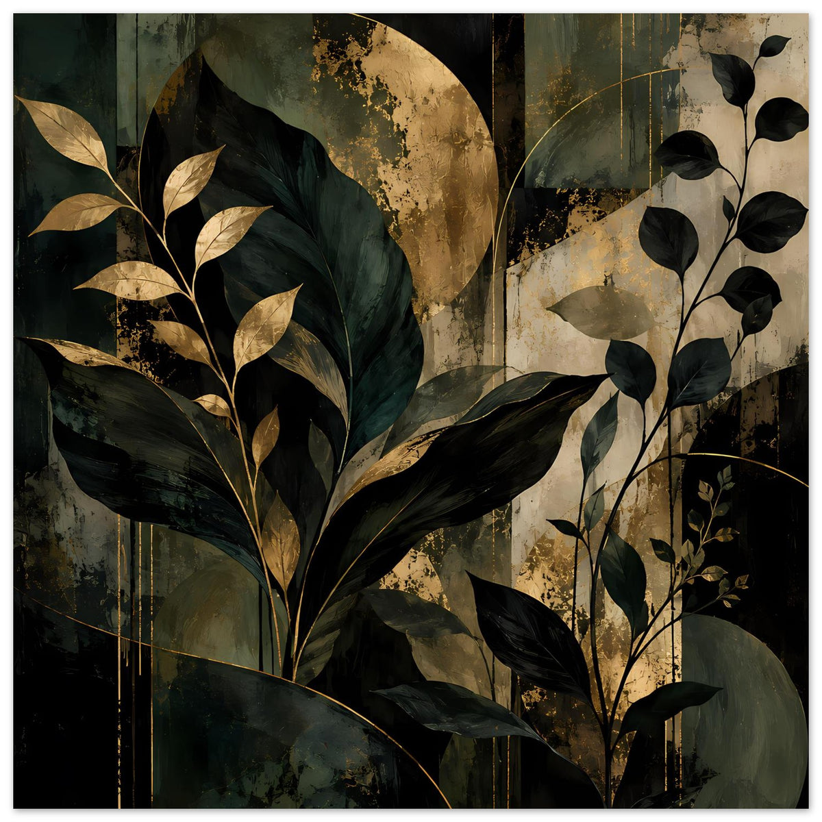 Kunstposter mit botanischen Blättern in dunkelgrün, Goldakzenten und schwarzen Zweigen