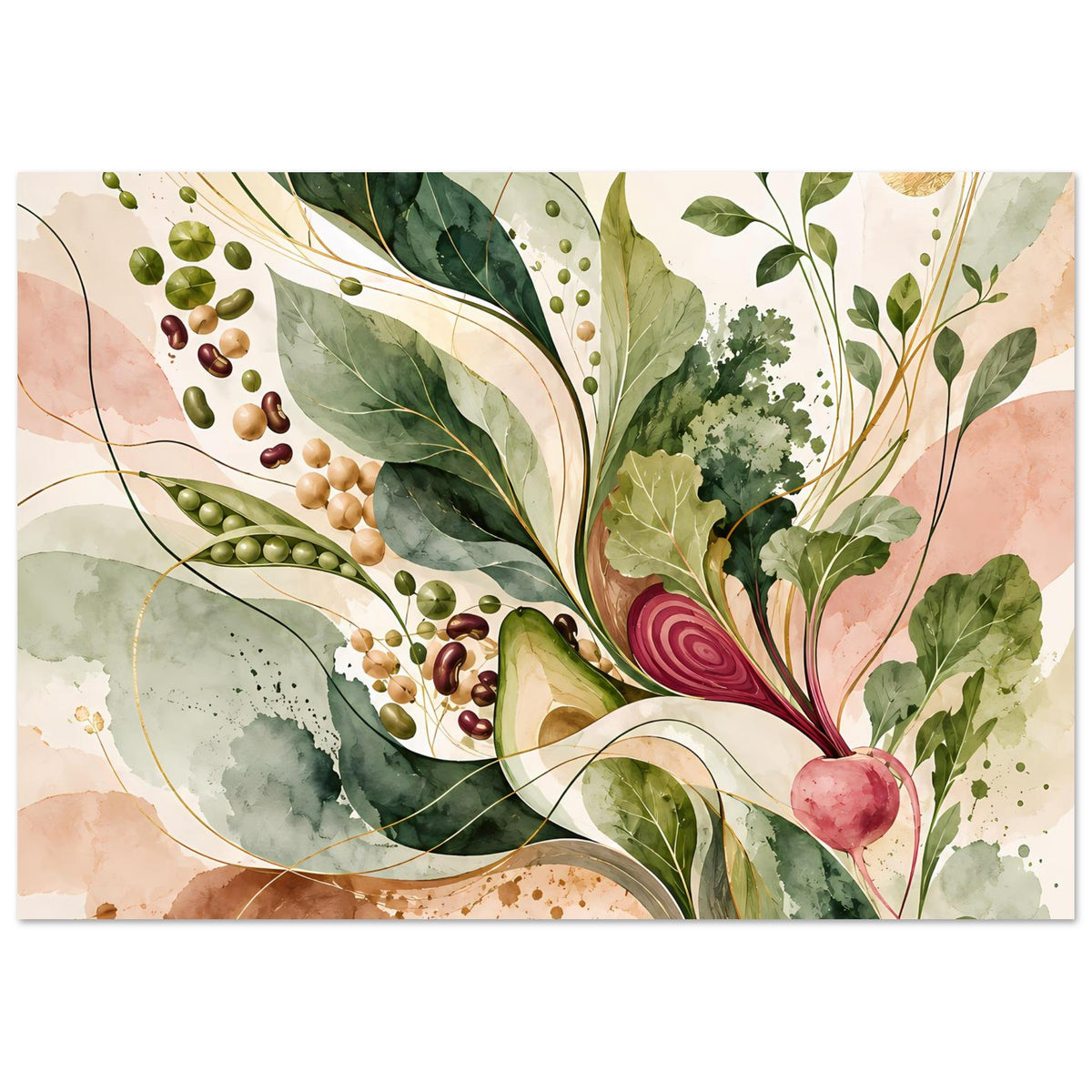 Naturposter im Querformat mit botanischen Formen, Blättern, Erbsen und rotem Wurzelgemüse