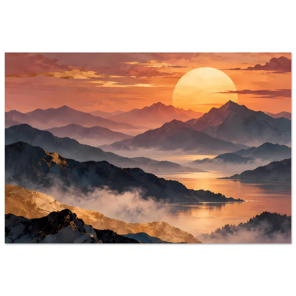 Horizontales Landschaftsposter mit Sonnenball, kontrastreichen Bergen und Wasserlinie im Nebel