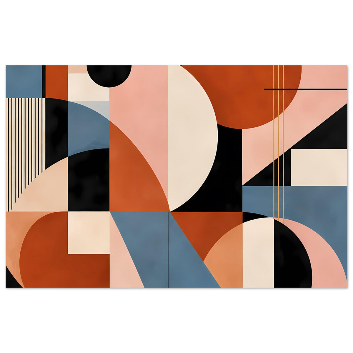 Geometrisches Abstrakt-Poster mit Kreisen, Rechtecken und Linien in Terrakotta- und Blautönen