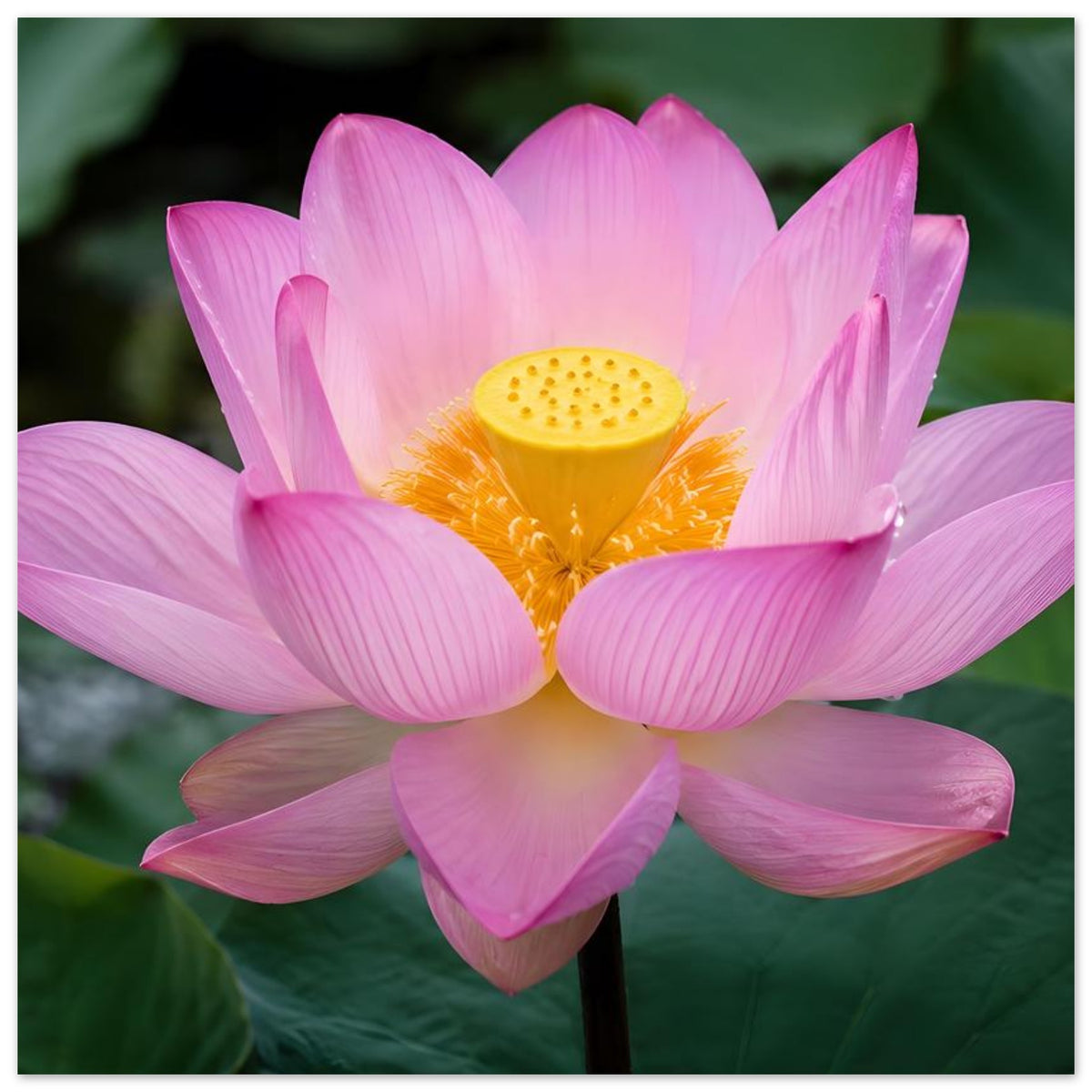 Poster mit Lotusblüte in Rosa, gelbes Herz in der Mitte, Blütenblätter breiter Rahmen