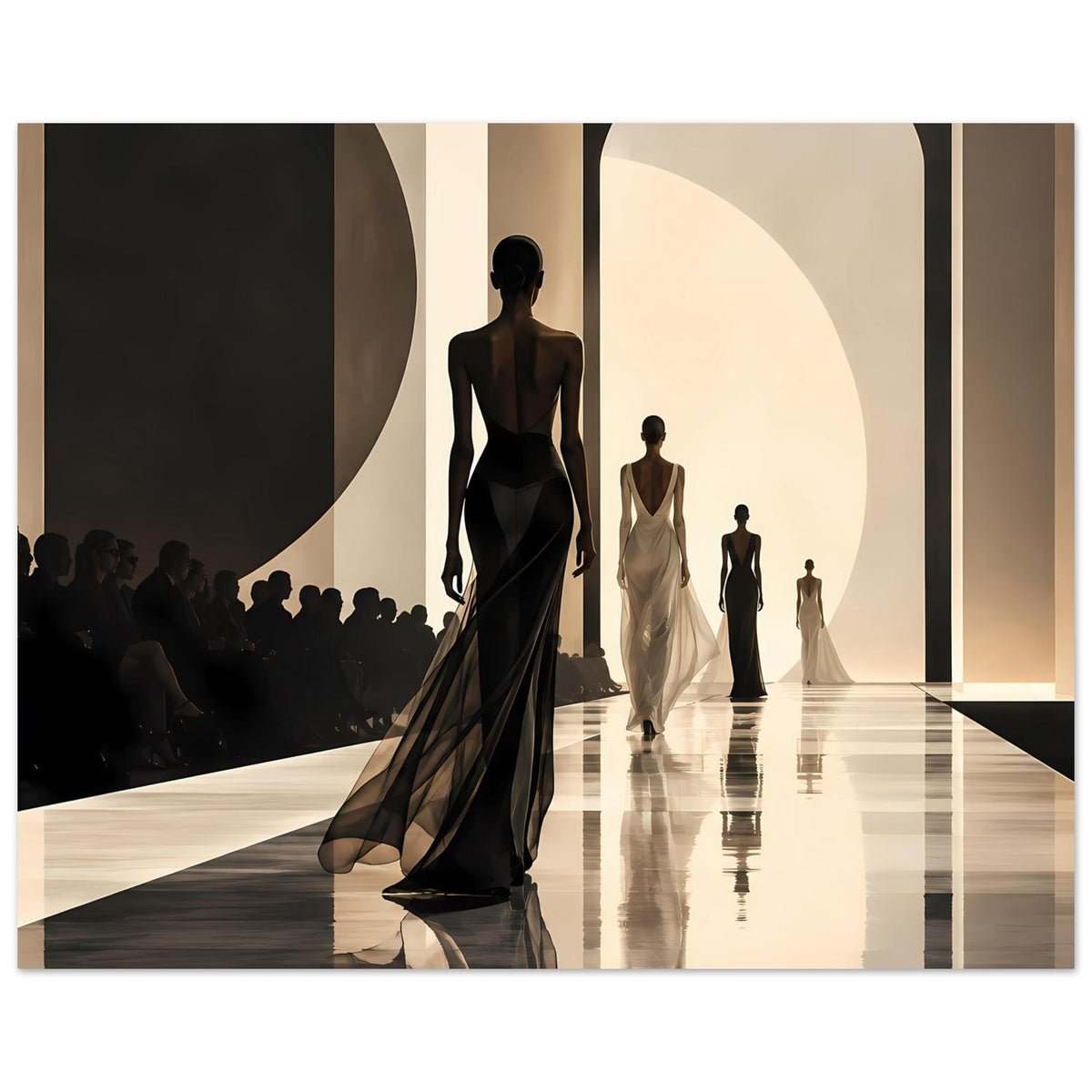 Wandposter mit Runway-Visual: schwarze und helle Kleider, Silhouetten mit Blick nach vorn