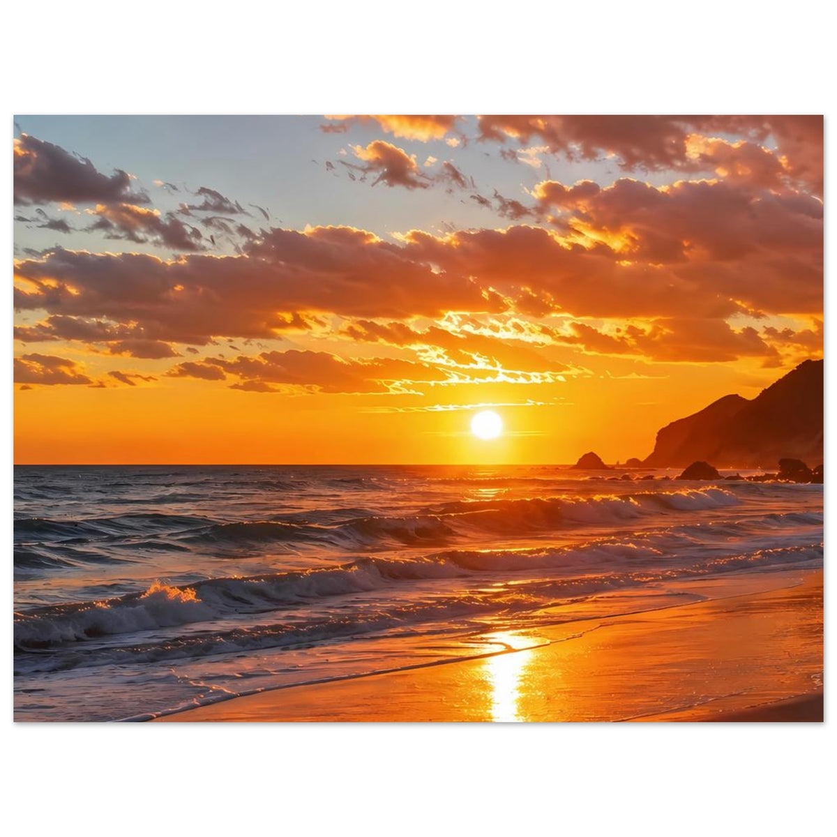 Sunset-Beach-Poster im Querformat: Sonnenuntergang über dem Sand, leuchtende Reflexe auf dem Wasser.