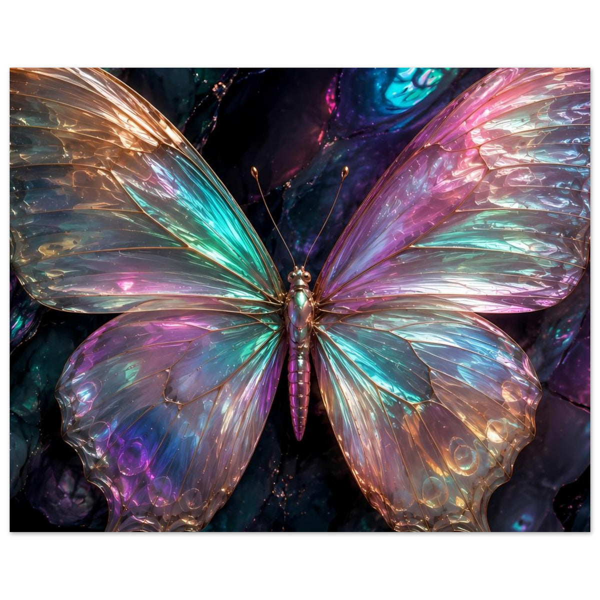 Schmetterlingsposter im Querformat: großer Schmetterling mit irisierenden, mehrfarbigen Flügeln