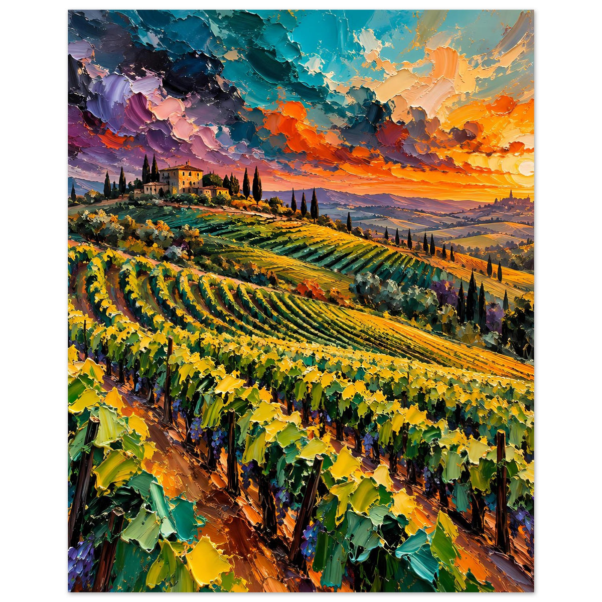 Landschaftsposter mit dichtem Weinrebenmeer, türkis-orangefarbener Sonnenuntergang